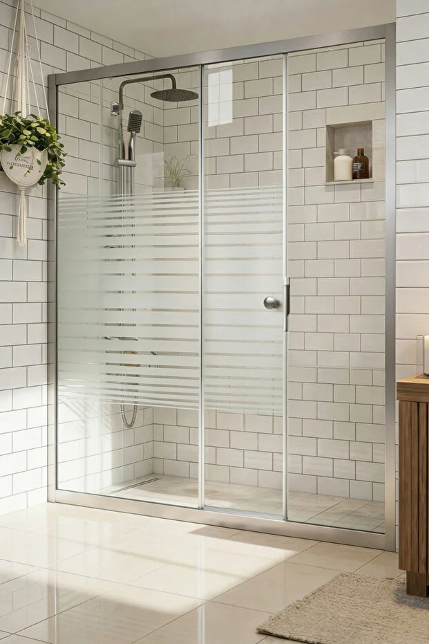 Ön Cephe Çizgili Temperli Cam Sürgülü Kapılı Teknesiz Duşakabin 